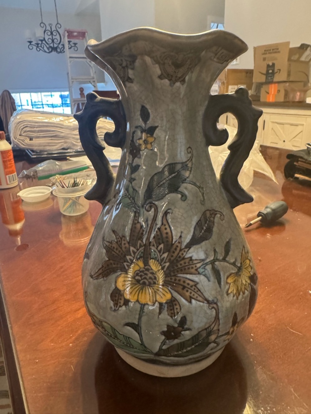 Hand-Painted Floral Ceramic Vase in green and Yellow